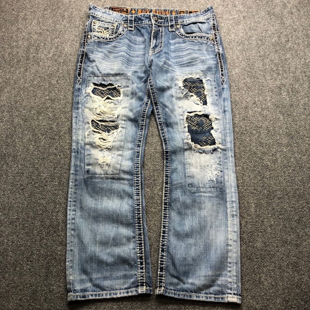 Rock Revival Tay Slim Straight Distressed Jeans Mens 36 Light Wash Blue Denim